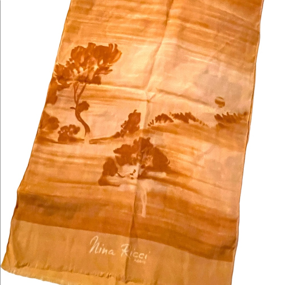 Nina Ricci Paris France Vintage SILK Scarf tree landscape peach color